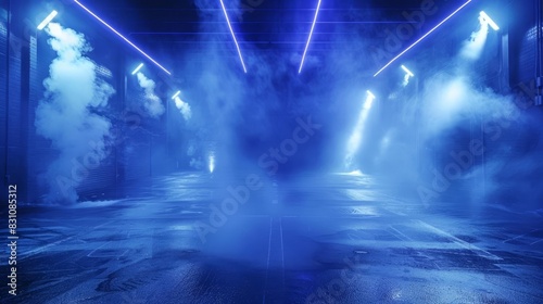 moody empty street at night dark blue neon lights and spotlights asphalt floor and smokefilled studio