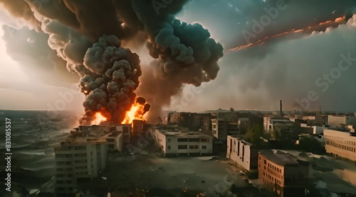 Burning buildings in the middle of the city at sunset