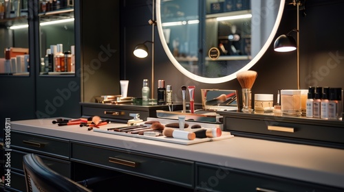 A chic vanity table with a large mirror, drawers filled with makeup and beauty products, ideal for getting ready in the morning.