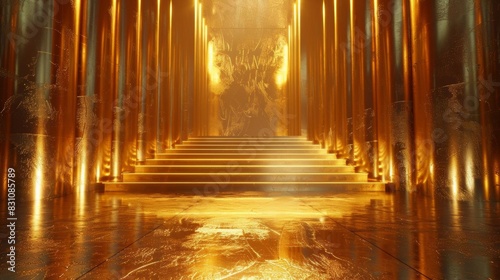 A golden throne room with a long staircase leading up to it. The walls are lined with gold columns and the floor is made of polished marble. photo