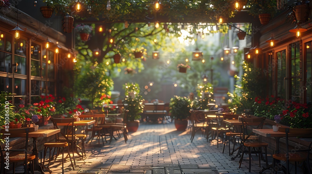Outdoor Cafe: Picture an outdoor cafe in the city. Use light and shadow to create a relaxing and bright atmosphere.