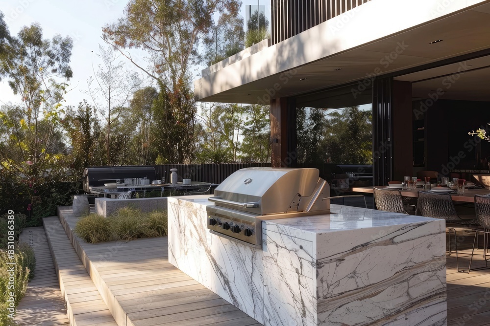 A contemporary terrace with a built-in outdoor kitchen and dining area, complete with a sleek barbecue grill, marble countertops, and stylish seating for entertaining guests al fresco