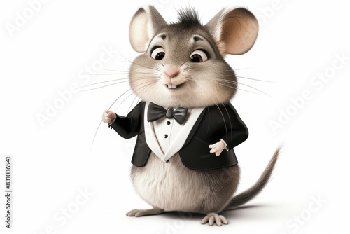 This illustration showcases a lively and well-dressed chinchilla in a snazzy tuxedo and a charming little bowtie, radiating happiness and charm against a clear white background. photo
