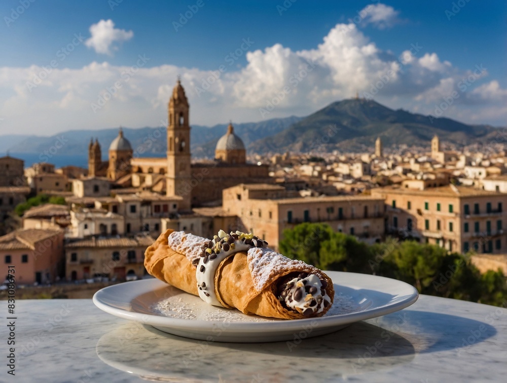 Cannoli Siciliani against the backdrop of Mount Etna, Catania, Palermo