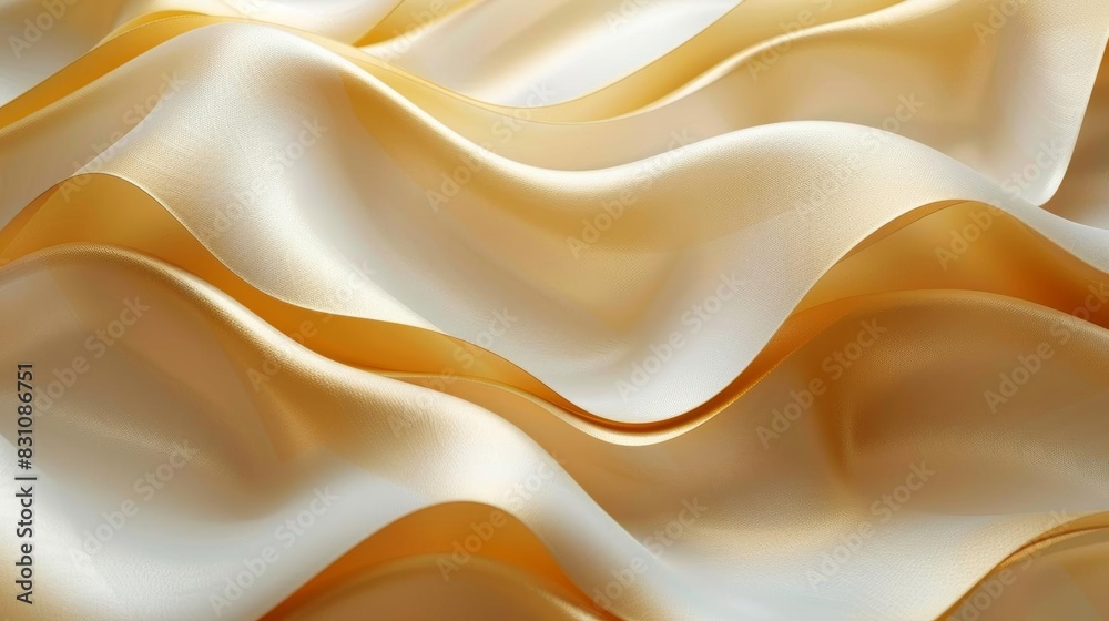Generate an image of a flowing golden silk cloth with soft waves and folds. The cloth should appear luxurious and elegant.