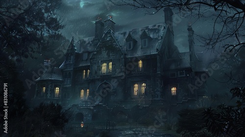 old manor mansion at night with lit windows eerie and mysterious atmosphere digital paintings photo