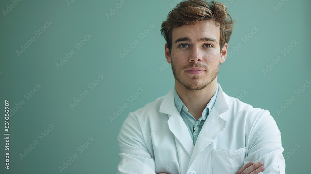 Young male doctor in white lab coat with crossed arms against green background medical professional Young male doctor in white lab coat with crossed arms against green background medical professional
