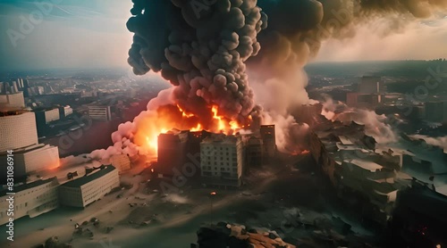 Burning buildings in the middle of the city at sunset