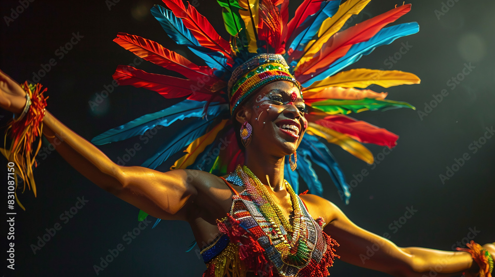 Fototapeta premium Joyful Dancer in Vibrant Feathered Costume Celebrating Cultural Festival at Nighttime