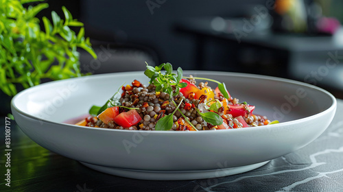 Healthy Lentil Salad with Fresh Vegetables and Microgreens in Modern Restaurant Setting