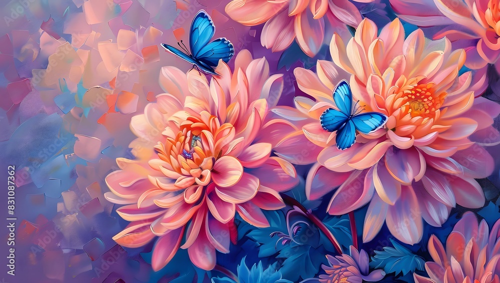 Oil painting of spring flowers with butterfly on the background