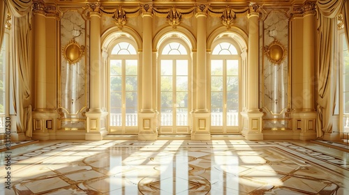 opulent golden ballroom with large windows and detailed neoclassical architecture palace interior