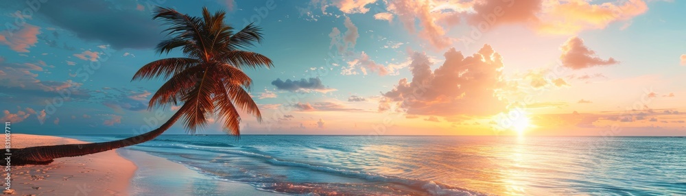 Fototapeta premium Serene tropical beach at sunset with a palm tree, calm waves, and colorful sky. Peaceful island paradise perfect for relaxation and travel.
