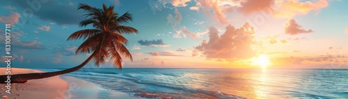 Serene tropical beach at sunset with a palm tree, calm waves, and colorful sky. Peaceful island paradise perfect for relaxation and travel.