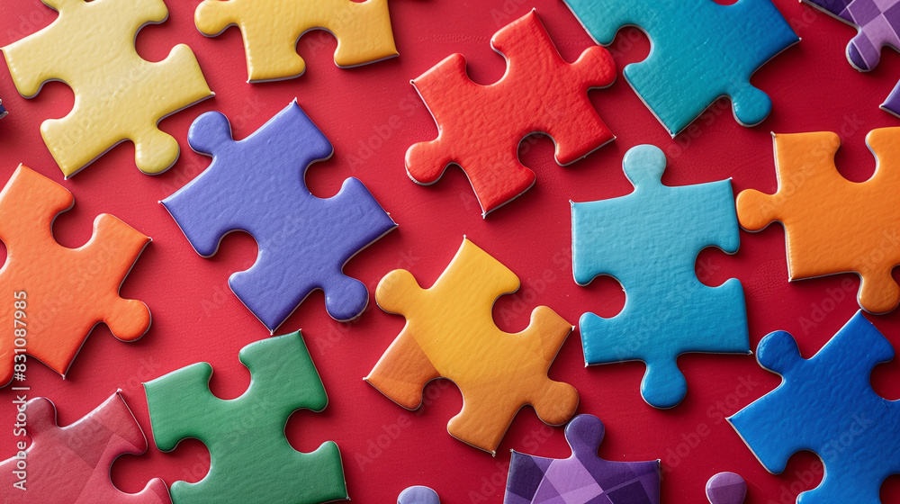 Colorful Jigsaw Puzzle Pieces on Red Background Symbolizing Problem Solving and Creativity Colorful Jigsaw Puzzle Pieces on Red Background Symbolizing Problem Solving and Creativity
