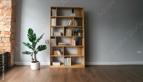 empty living room with A tall wooden bookcase with white books and beige accents stands against the light grey wall