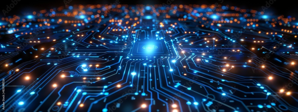 Fototapeta premium A computer chip with a blue and orange background