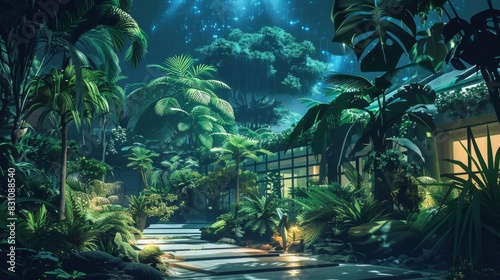 A lush tropical jungle with a path leading to a building