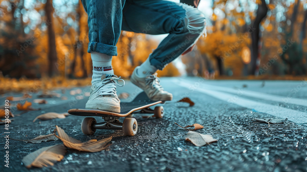Obraz premium Teenager Skateboarding on Leaf Covered Autumn Road with Vibrant Orange Trees and Blue Jeans