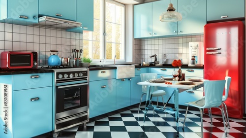 A retro-style kitchen with bold colors, vintage appliances, and checkered flooring brings a nostalgic charm that is both fun and functional. 