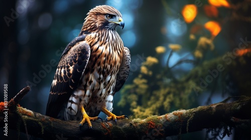 Close-up of majestic hawk perched on a mossy branch in a vibrant forest setting, highlighting the beauty of nature and wildlife.