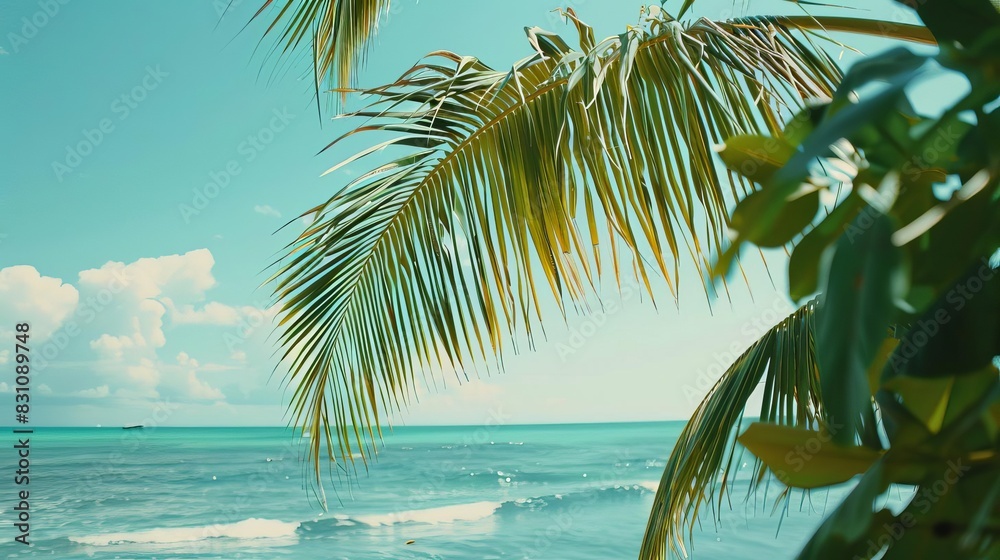 Fototapeta premium palm tree leaves swaying in the breeze on a tropical beach relaxing vacation background