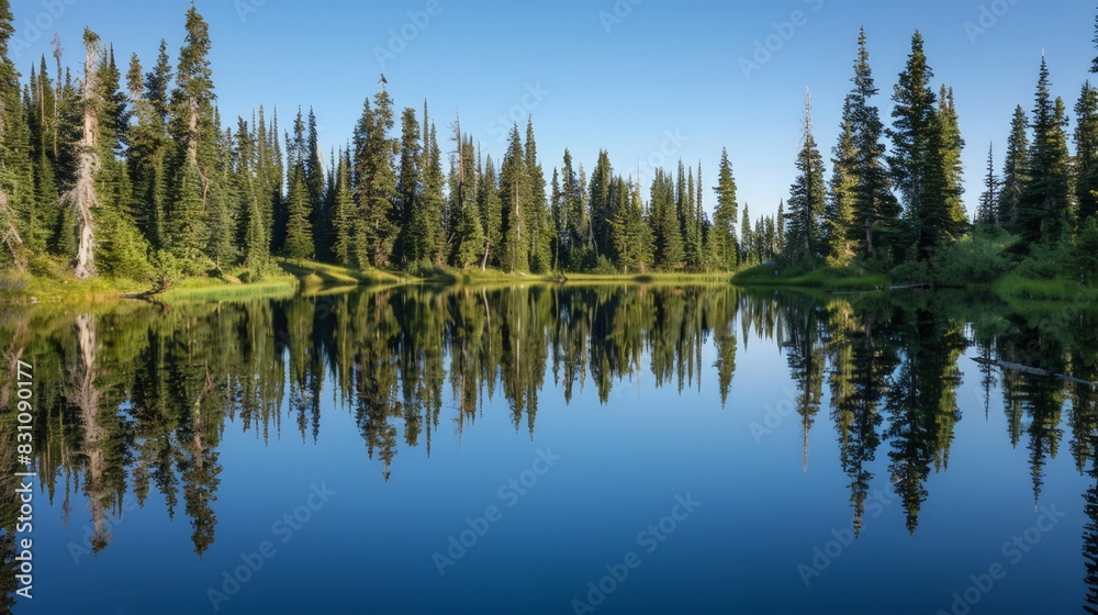 A serene lake reflected the towering pine trees in the background, their still waters creating a perfect mirror image and enhancing the natural beauty. A serene lake reflected the towering pine trees in the background, their still waters creating a perfect mirror image and enhancing the natural beauty.
