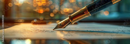 Luxury pen signs financial contract on desk, close-up shot with blurred background, Created with Generative AI.