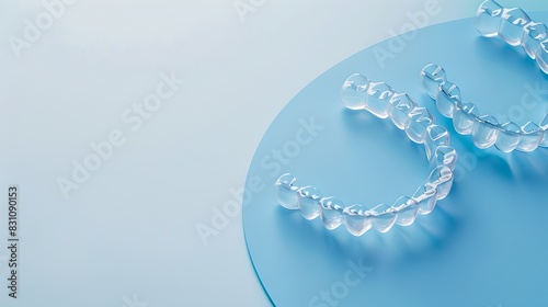 Clear dental aligners on a blue surface. Modern orthodontic treatment concept. High-quality professional image for medical and dentistry purposes. Created with digital techniques. AI