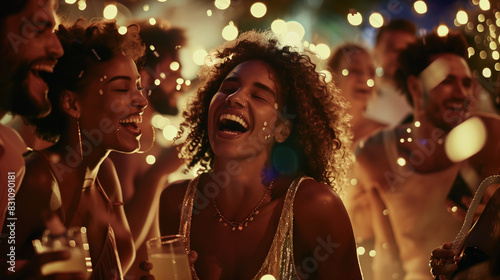 Attractive woman laughing while dancing with girlfriends. Portrait, champagne and clubbing with woman friends drinking alcohol in celebration of the birthday. Generative AI.