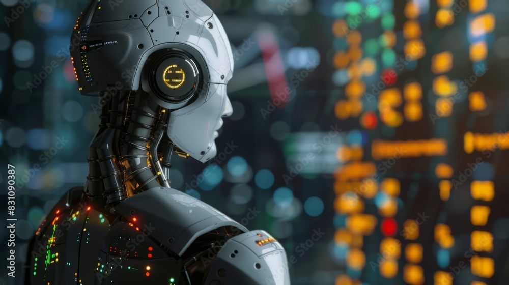 Fototapeta premium A robot stands in front of a sprawling cityscape, showcasing the contrast between the futuristic machine and the urban environment.