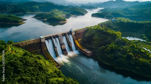 An aerial view of the Dam in hyperrealistic style, showcasing its massive structure and surrounding greenery. The dam is surrounded by lush forested hills. photo