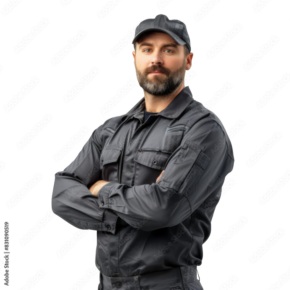 Man stands confidently wearing a professional mechanics uniform in front of a car on white background Man stands confidently wearing a professional mechanics uniform in front of a car on white background