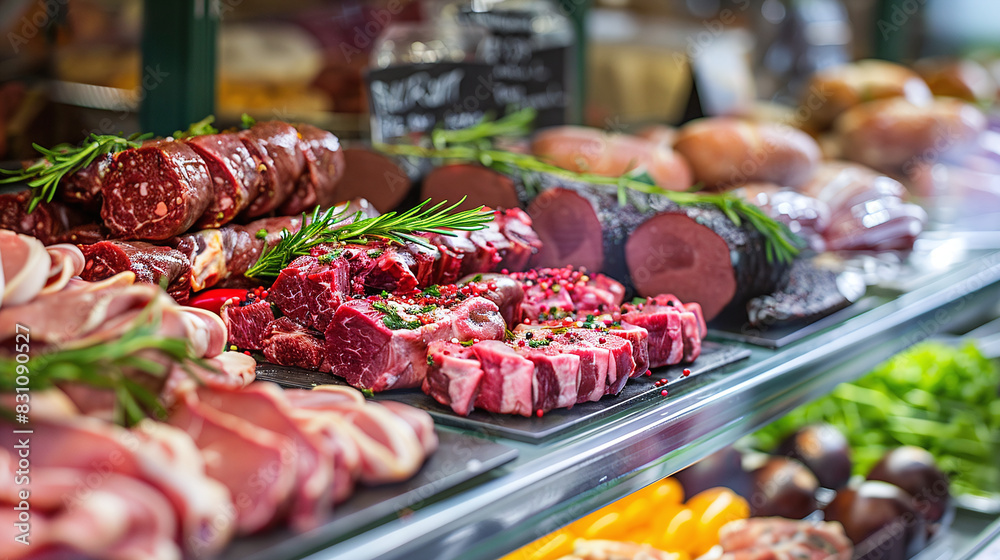 Fresh Raw Meat Cuts and Sausages Displayed on Market Counter with Vegetables in Background Fresh Raw Meat Cuts and Sausages Displayed on Market Counter with Vegetables in Background