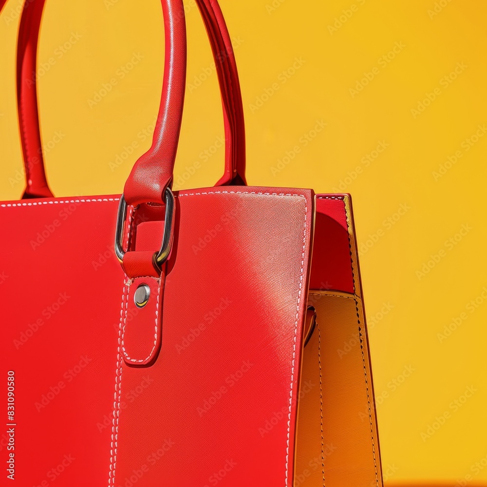 Vivid close-up shot of red handbag on yellow background, no shadow, clear and detailed focus, Created with Generative AI.