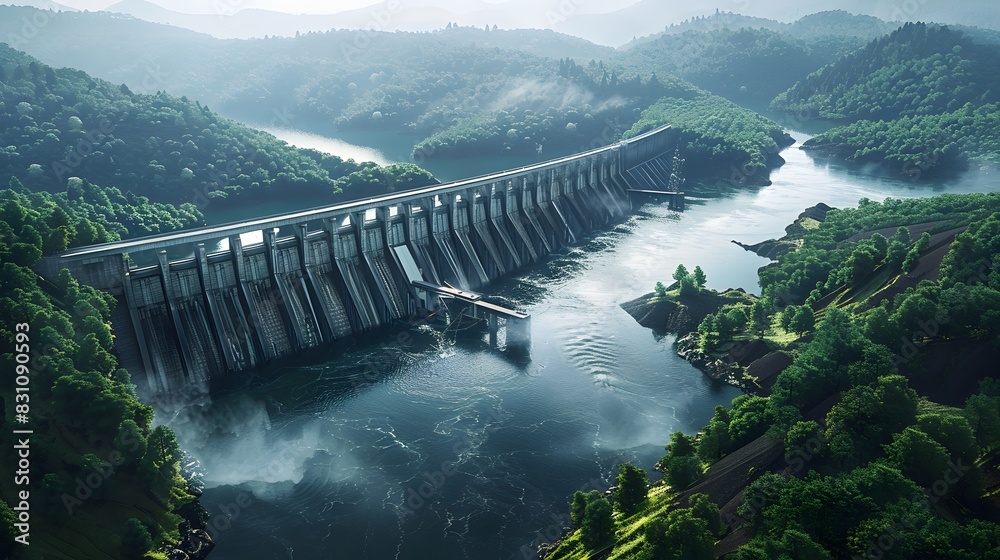 An aerial view of the Dam in hyperrealistic style, showcasing its massive structure and surrounding greenery. The dam is surrounded by lush forested hills. An aerial view of the Dam in hyperrealistic style, showcasing its massive structure and surrounding greenery. The dam is surrounded by lush forested hills.