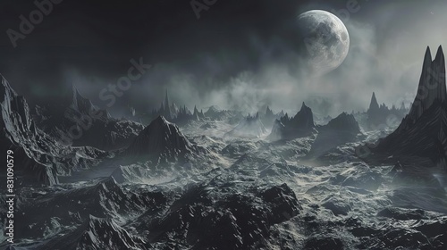 panoramic view of vast rocky alien landscape with jagged mountains under misty dark sky digital illustration photo
