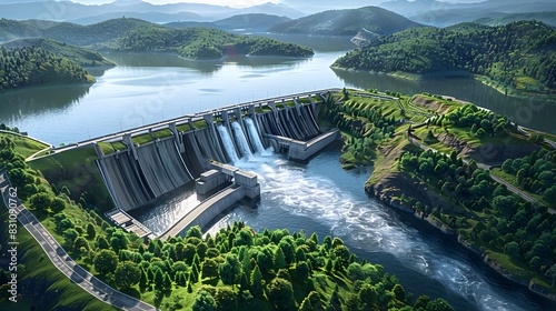 An aerial view of the Dam in hyperrealistic style, showcasing its massive structure and surrounding greenery. The dam is surrounded by lush forested hills. photo