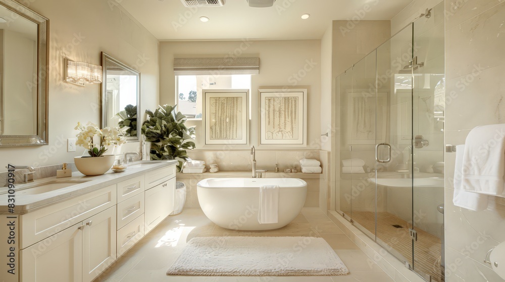 A spacious master bathroom with a freestanding tub, double vanity, and a walk-in shower, offering a spa-like retreat. A spacious master bathroom with a freestanding tub, double vanity, and a walk-in shower, offering a spa-like retreat.