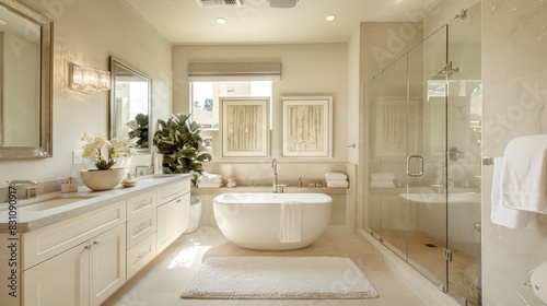 A spacious master bathroom with a freestanding tub  double vanity  and a walk-in shower  offering a spa-like retreat.