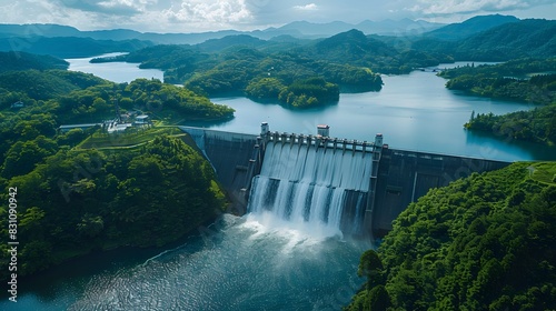 An aerial view of the Dam in hyperrealistic style, showcasing its massive structure and surrounding greenery. The dam is surrounded by lush forested hills.