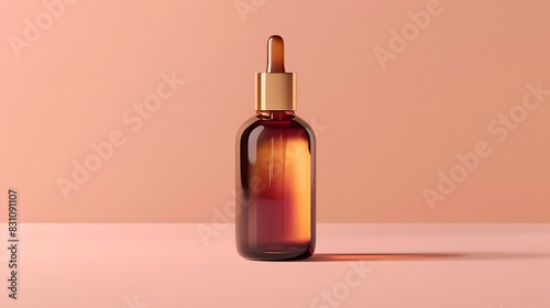 An elegant  minimalist beauty product mockup featuring an amber glass bottle with golden accents against a soft peach background.