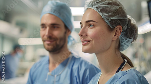 Smiling Surgeons in Blue Scrubs and Hairnets in Operating Room Positive Confident Medical Team photo