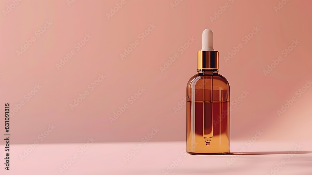 An elegant, minimalist beauty product mockup featuring an amber glass bottle with golden accents against a soft peach background. An elegant, minimalist beauty product mockup featuring an amber glass bottle with golden accents against a soft peach background.