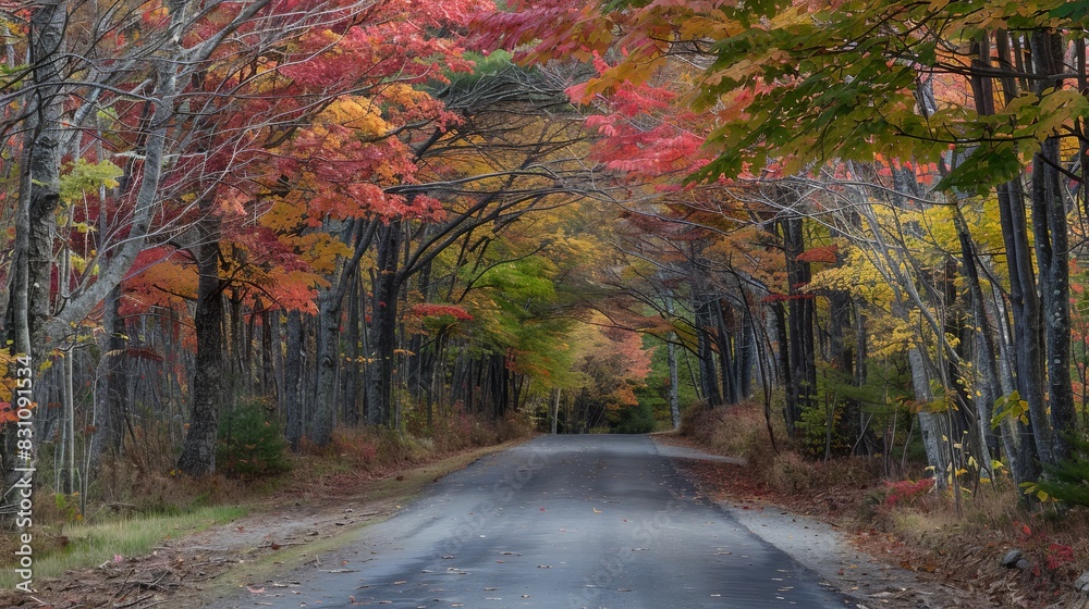 Fototapeta premium A tree-canopied road in autumn, with leaves in shades of red, orange, and yellow creating a colorful, tunnel-like effect. --ar 16:9 