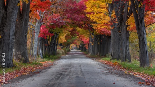A tree-canopied road in autumn  with leaves in shades of red  orange  and yellow creating a colorful  tunnel-like effect. 