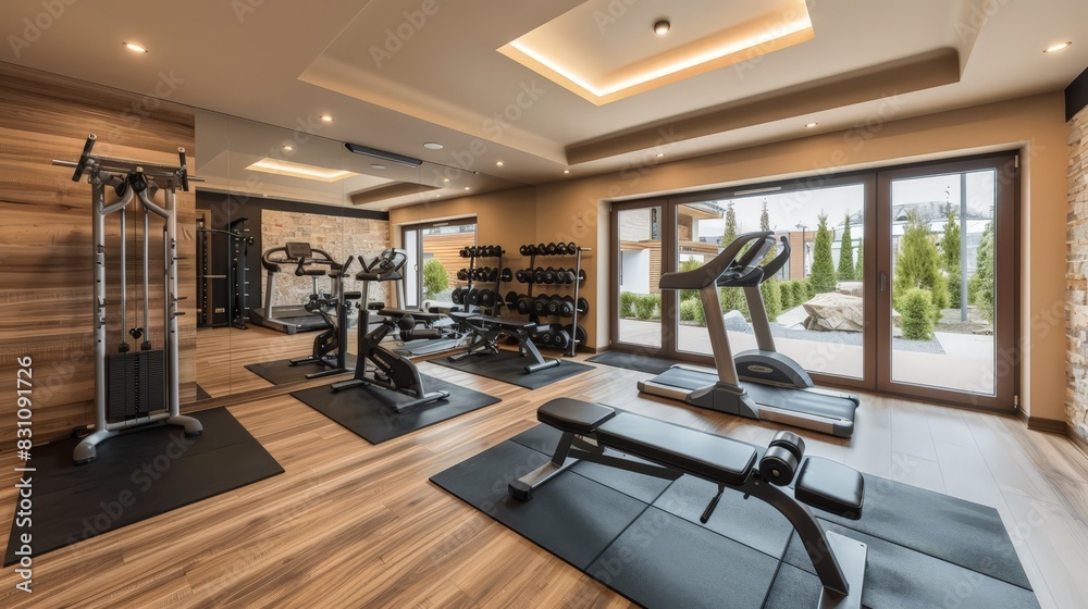 A well-equipped home gym with exercise machines, free weights, and mirrors, allowing for convenient and effective workouts. A well-equipped home gym with exercise machines, free weights, and mirrors, allowing for convenient and effective workouts.