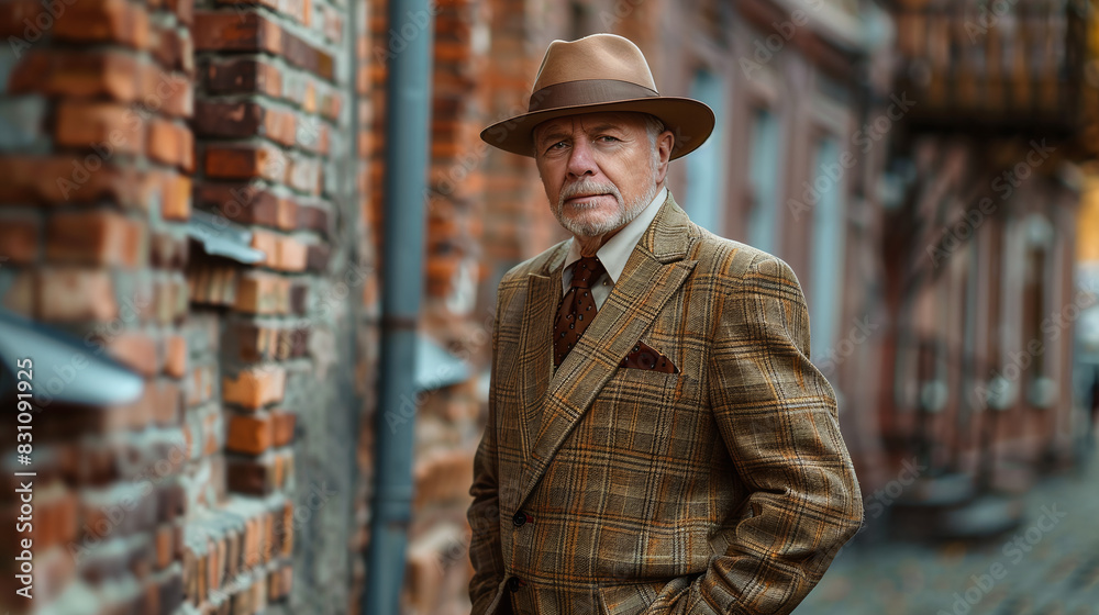 Elderly Man in Brown Plaid Suit and Hat Standing on Brick Street Urban Setting Elderly Man in Brown Plaid Suit and Hat Standing on Brick Street Urban Setting