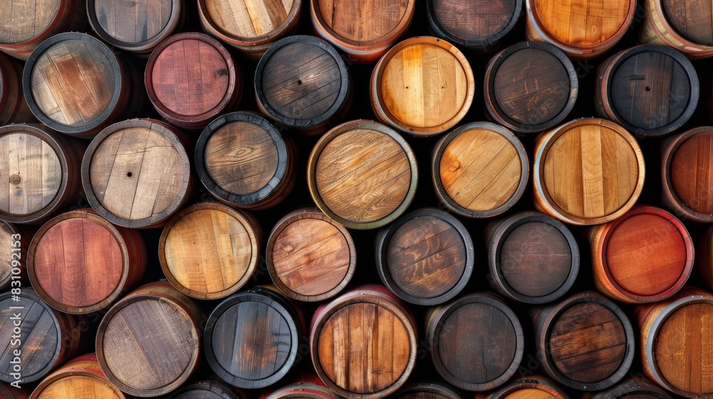 Wine and beer barrels arranged in a pattern, perfect for beverage concepts