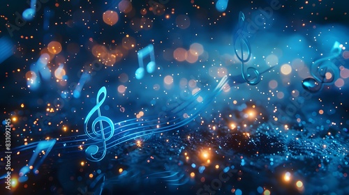 Blue musical notes floating in the air on dark background with bokeh effect